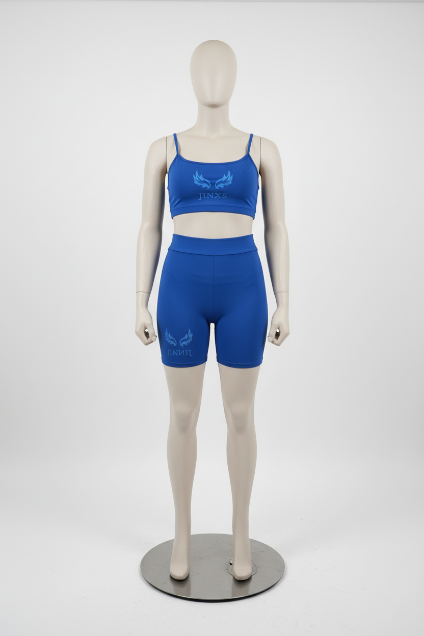 Rotating mannequin wearing blue Jinxs set with logos